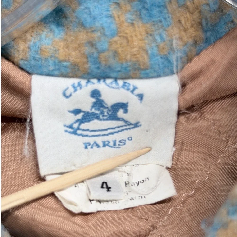 Charabia Paris Coat Girls 4‎ Blue Brown Houndstooth Wool Double Breasted French